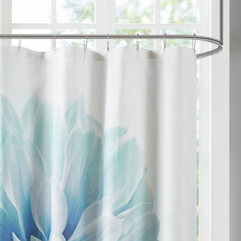 Madison Park Norah Printed Floral Cotton Shower Curtain, Aqua