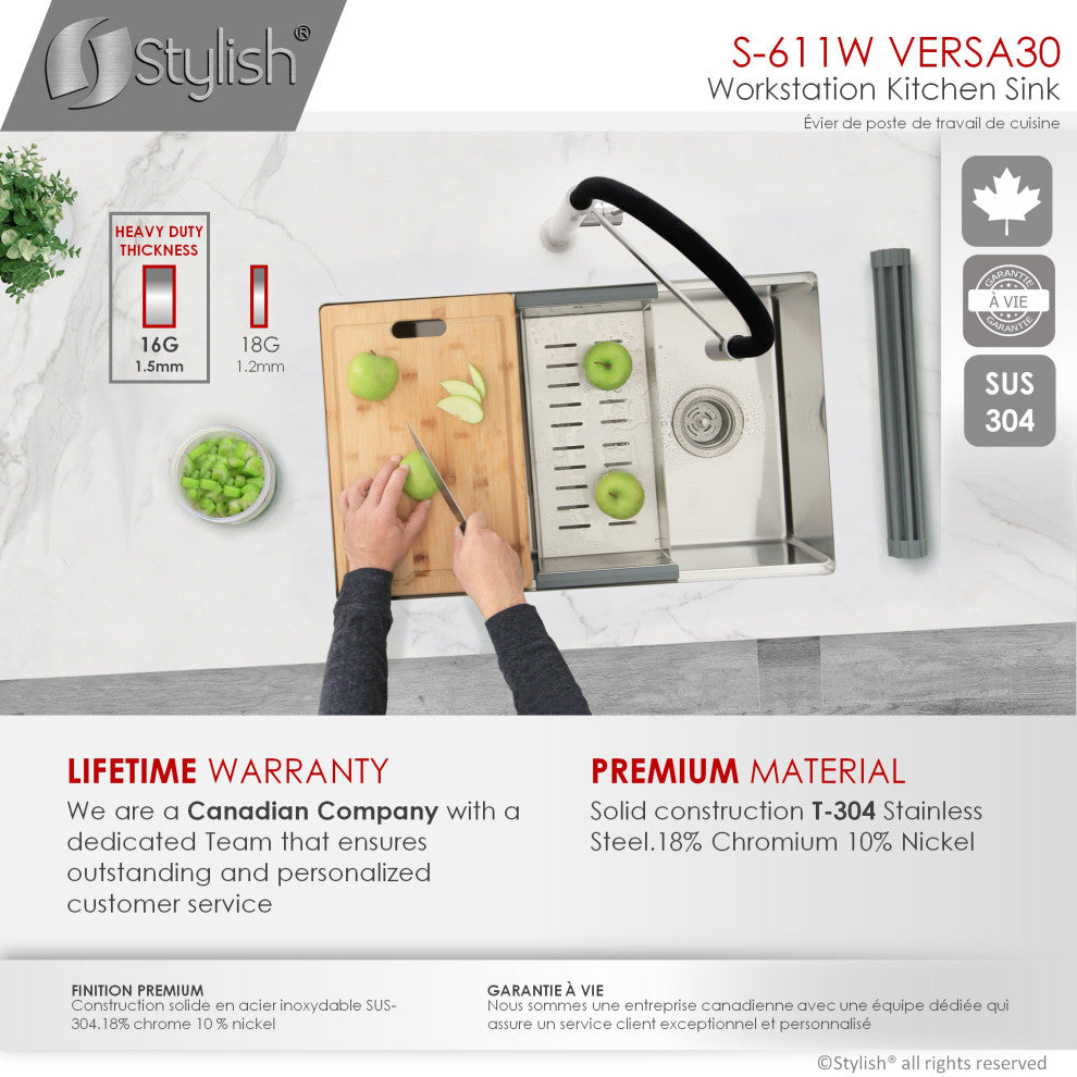 STYLISH 30"L x 19"W Stainless Steel Single Basin Undermount Kitchen Sink