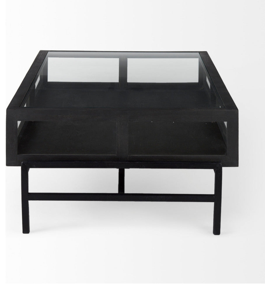 Arelius Glass-Top Black-Brown Wood With Black Metal Base Display Coffee Table