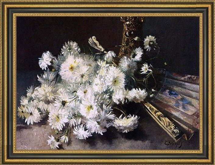Guillaume Vogels a Still Life with Chrysanthemums and a FanCanvas Print, 21"x28"