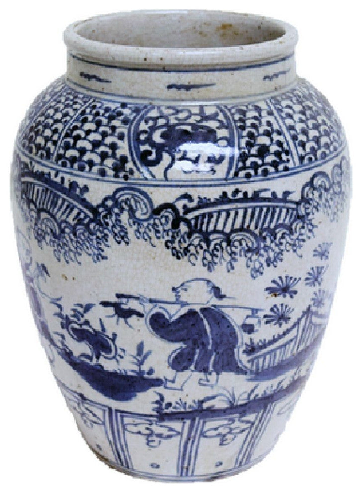 Vintage Style Blue and White Porcelain Fisherman Motif Flower Vase 12"