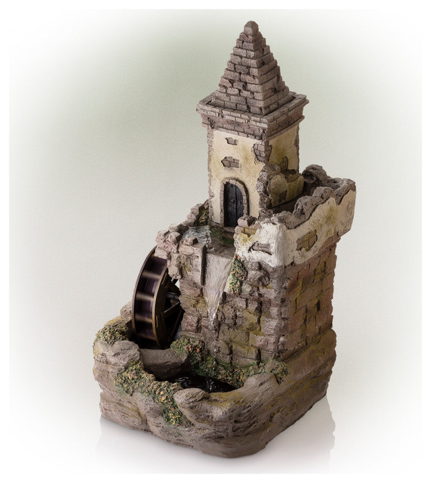 35" Tall Outdoor Fairy Castle Waterwheel Tiered Fountain Yard Art Decoration