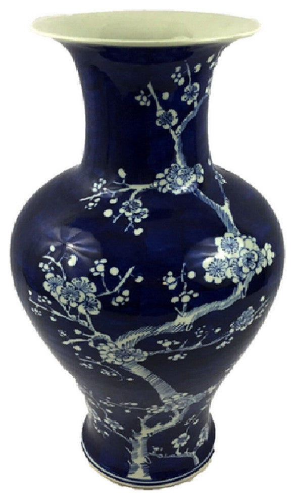 Vintage Style Blue and White Cherry Blossom Vase 16"