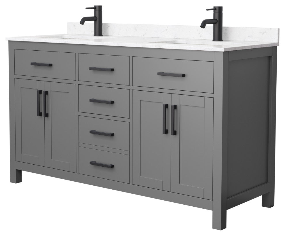 Beckett 60" Dark Gray Double Vanity, Carrara Cultured Marble Top, Black Trim