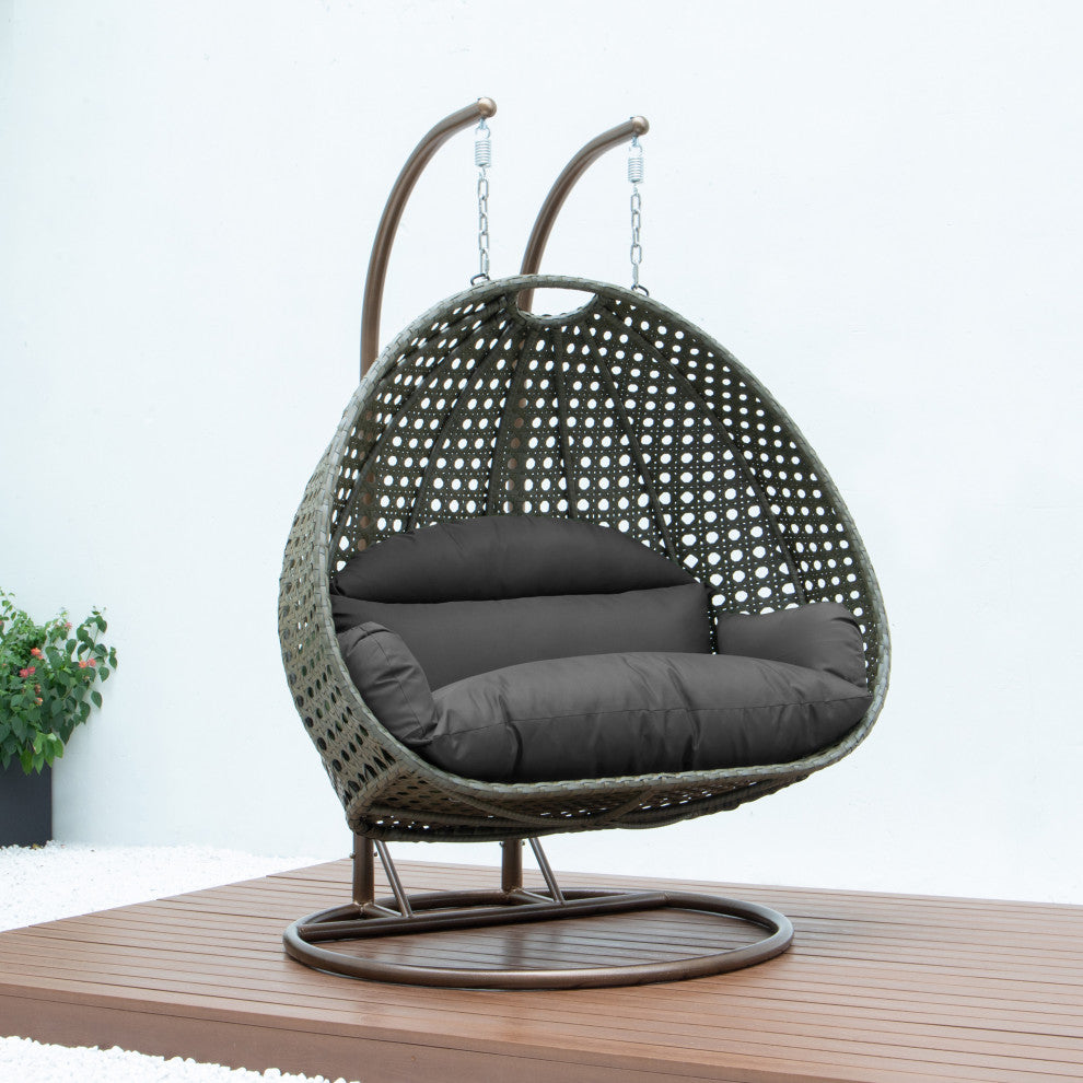 2 Person Beige Wicker Double Hanging Egg Swing Chair, Dark Gray