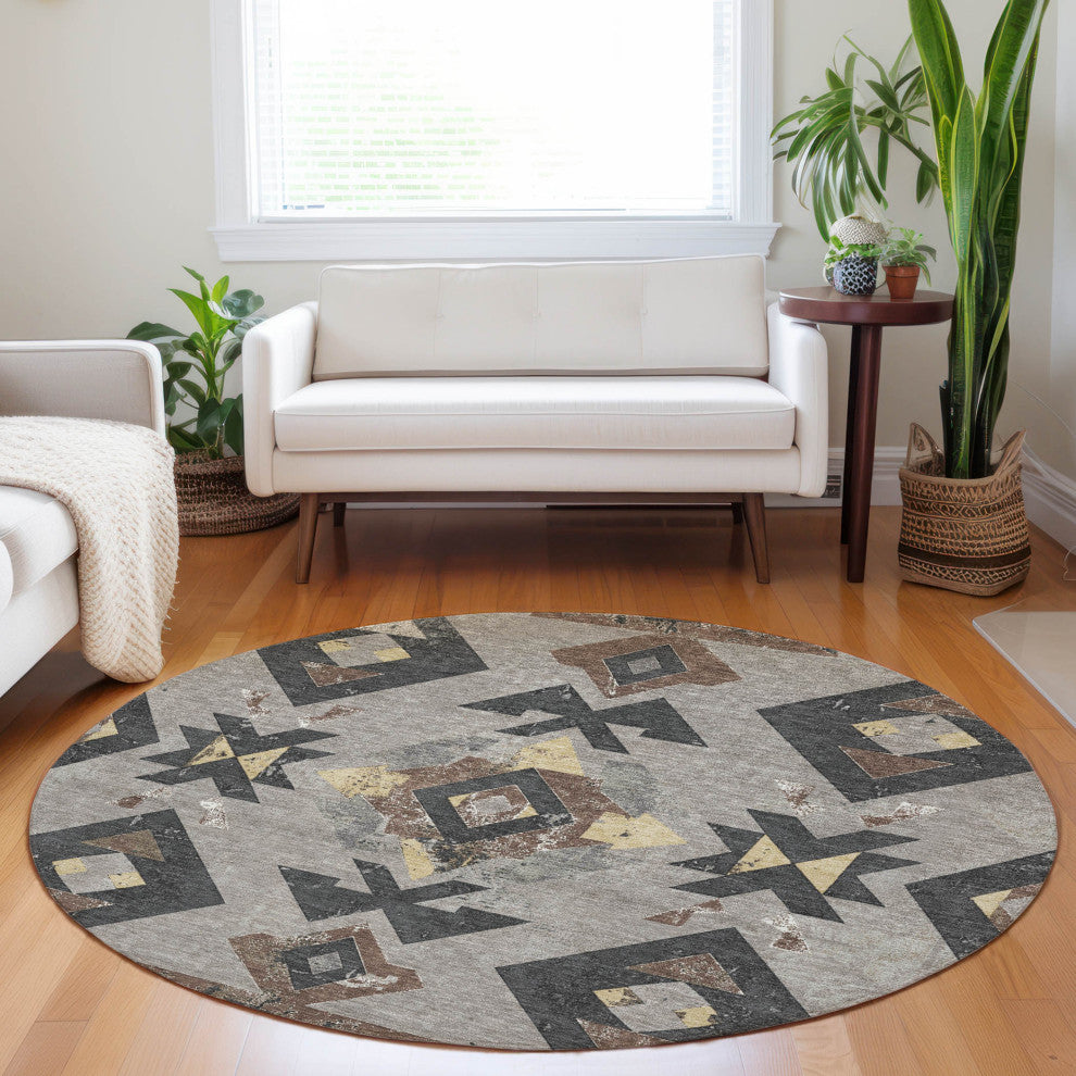 Machine Washable Indoor/Outdoor Chantille ACN1882 Taupe 8' x 8' Round Rug