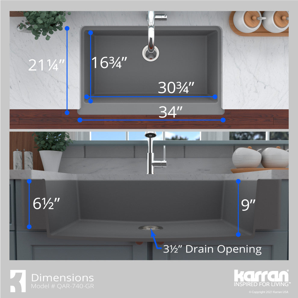 Karran Retrofit Farmhouse Quartz 34" Single Bowl Sink, Grey