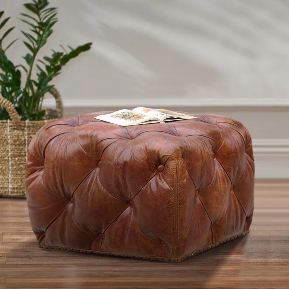 Pasargad Home Paris Club Genuine Leather Tufted Ottoman, Brown