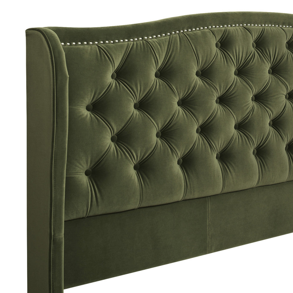Marcella Upholstered Tufted Shelter Wingback Panel Bed, Olive Green Performance Velvet, King