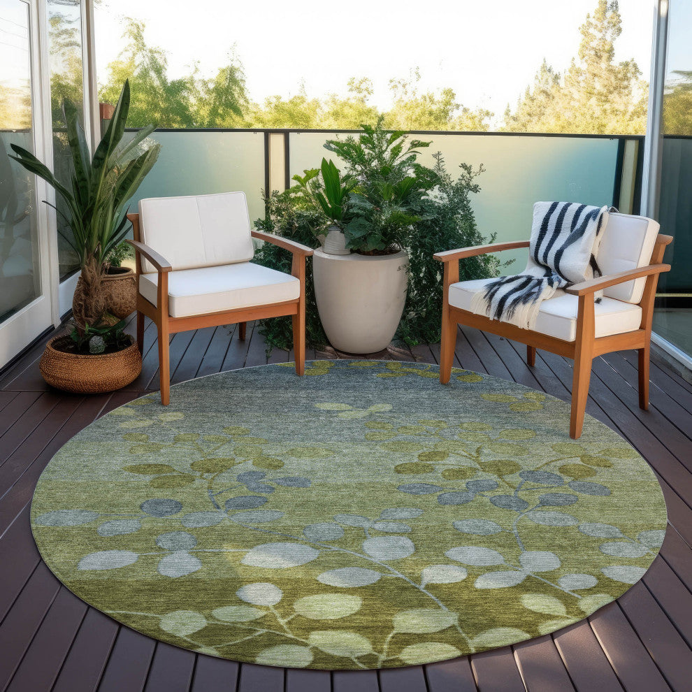 Machine Washable Indoor/Outdoor Chantille ACN1900 Olive 8' x 8' Round Rug