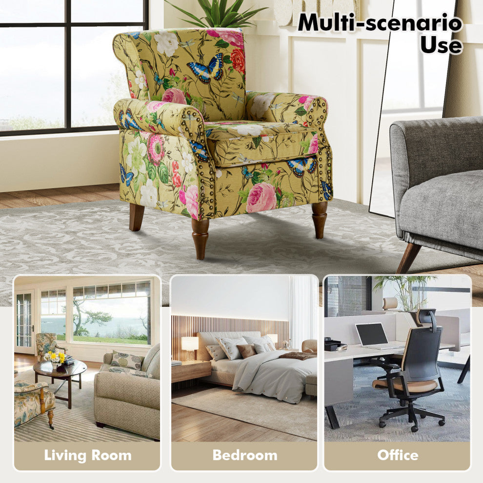 Wooden Upholstered Armchair, Mustard