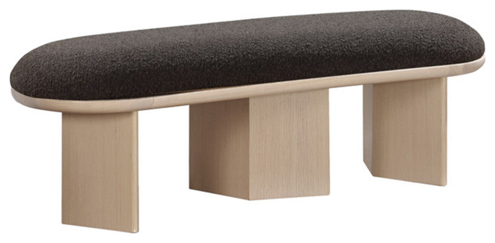 Wilshire Boucle Fabric Upholstered Bench, Brown, Natural Oak Finish