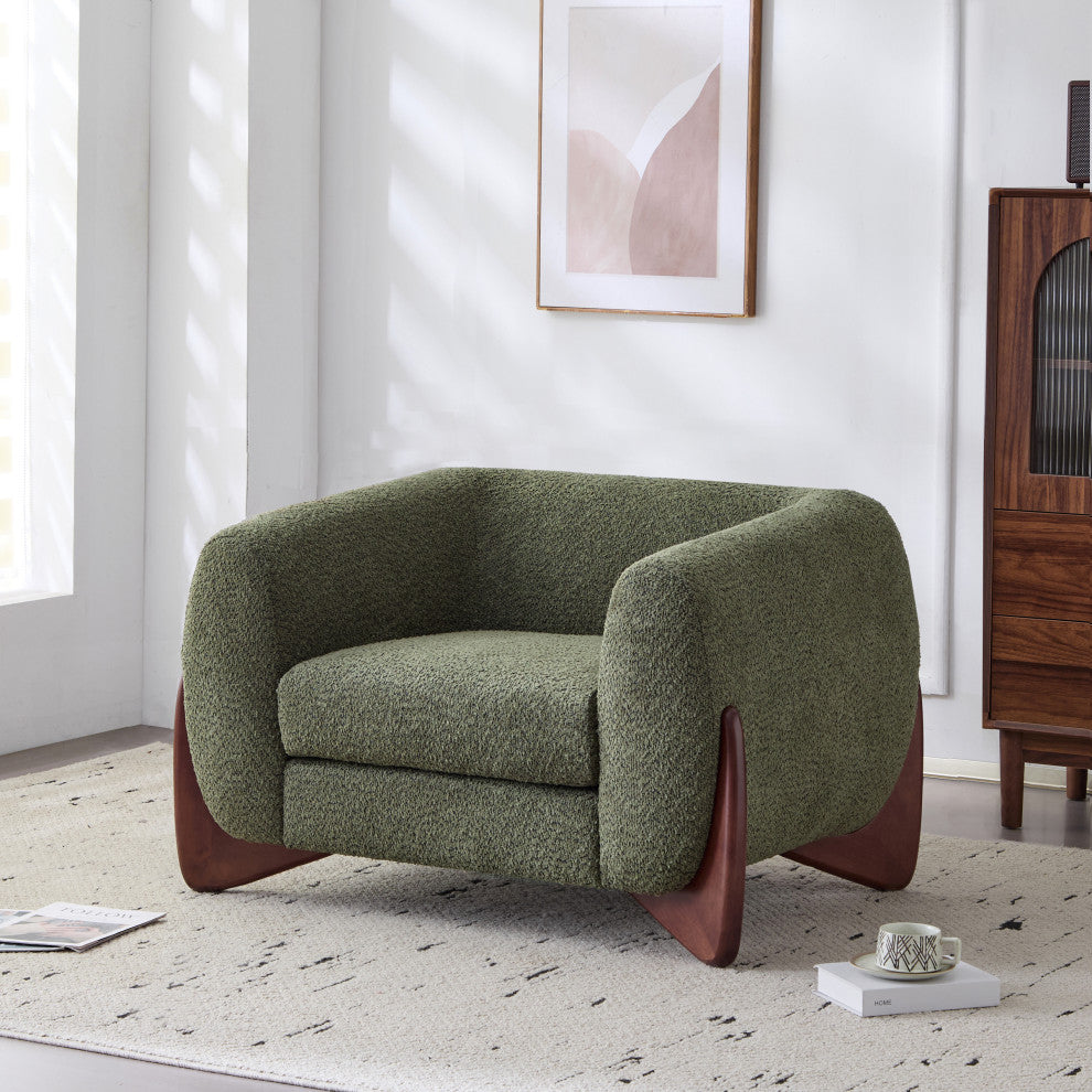 GDF Studio Modern Upholstered Boucle Accent Armchair With Wood Legs, Olive Green
