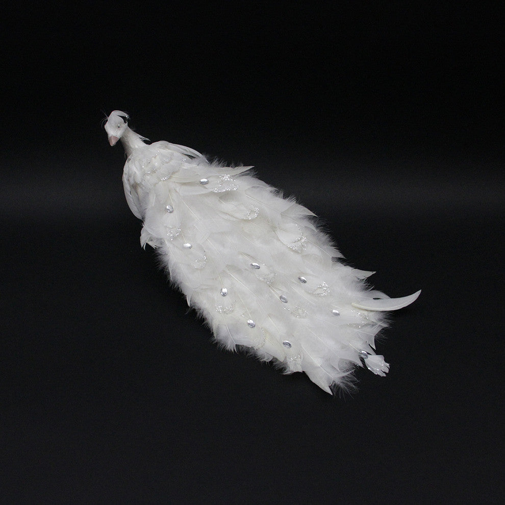 Regal Peacock Bird With Closed Tail Feathers Christmas Decoration, White, 21"