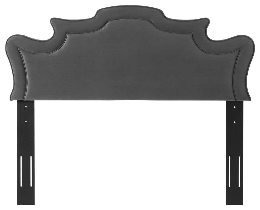 Headboard, King California, Charcoal Gray, Velvet, French, Mid Century