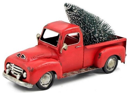 16" Distressed Red Pickup Truck With Christmas Tree