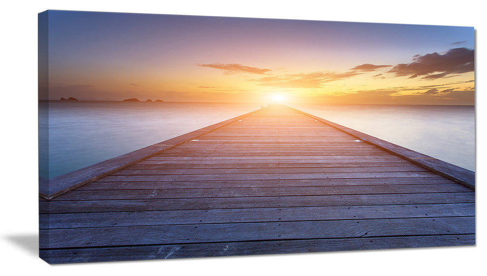 "Wooden Pier To Bright Evening Sun" Sea Bridge Wall Artwork, 32"x16"