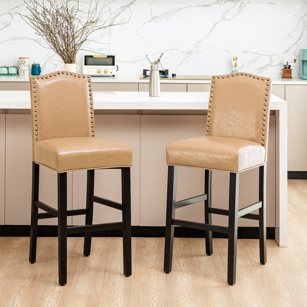 Upholstered PU Bar Chair With Studded Decor, Set of 2, Beige