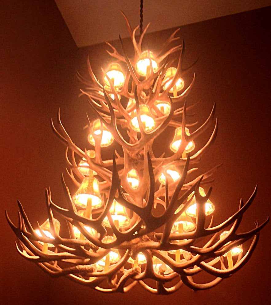 Mule Deer Triple Tier Antler Chandelier Light, Xxl, Parchment Shades