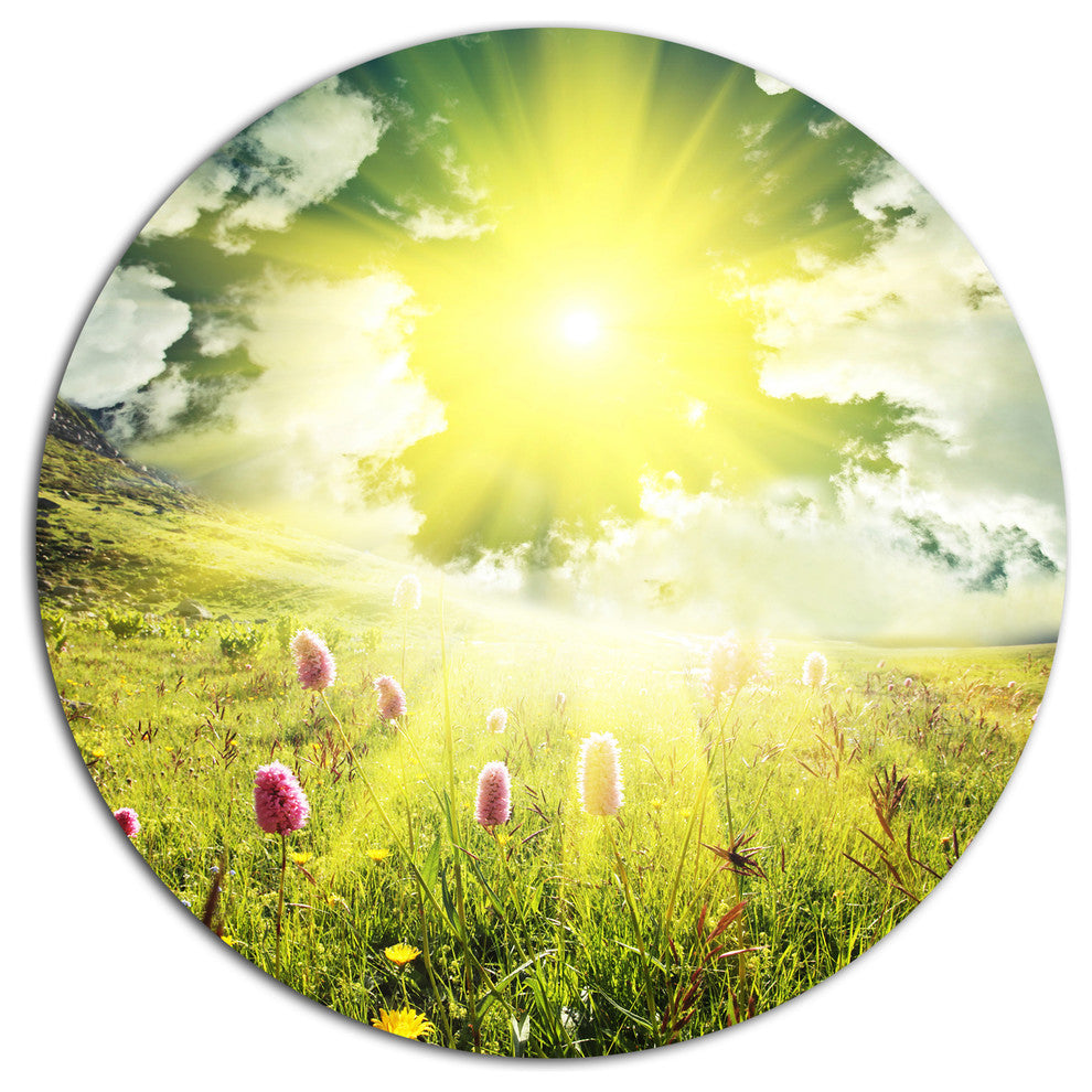 Mountains Pasture Under Bright Sunset, Landscape Round Wall Art, 11"