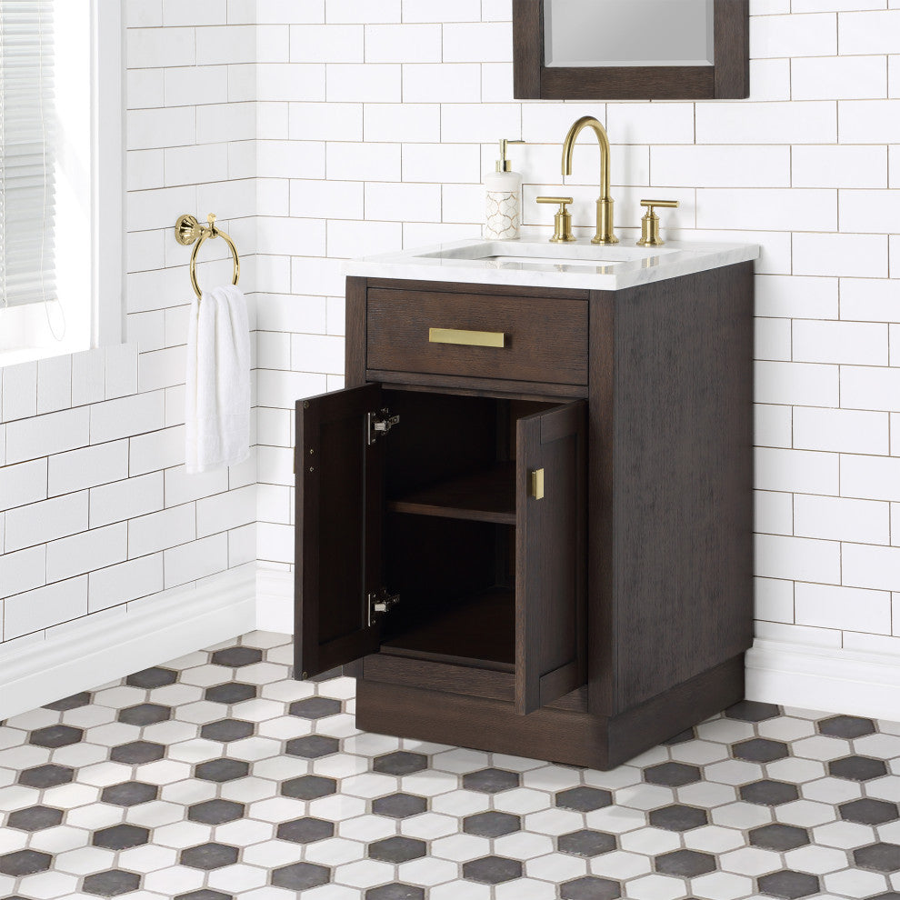 Chestnut 24" Bath Vanity, Brown Oak, Faucet, Satin Gold Hardware