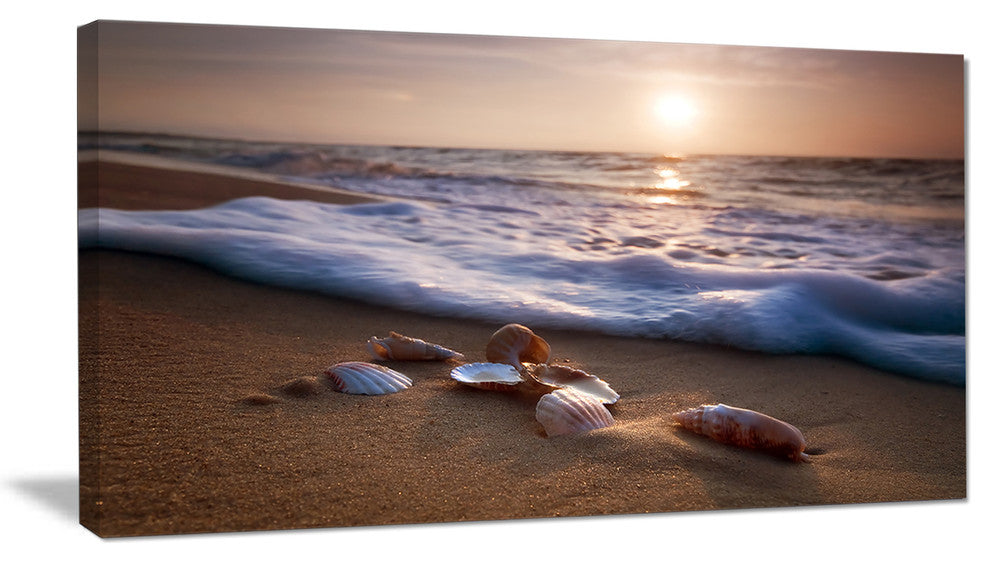 "Waves Approaching Seashells on Sand" Beach Canvas Wall Art, 32"x16"