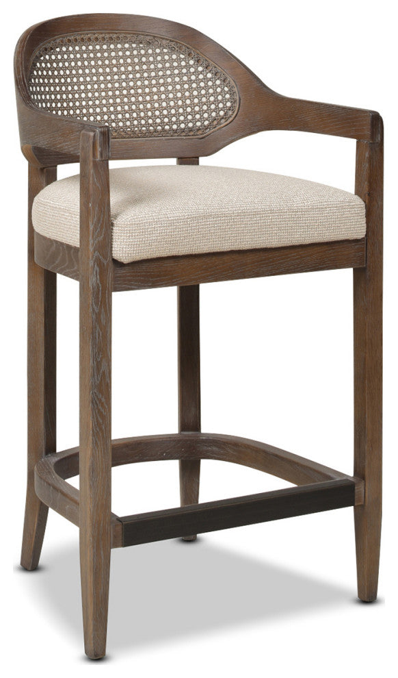 Americana Mid-Century Modern Rattan Cane Back Stool, Taupe Beige Textured Weave, 26" Counter Height