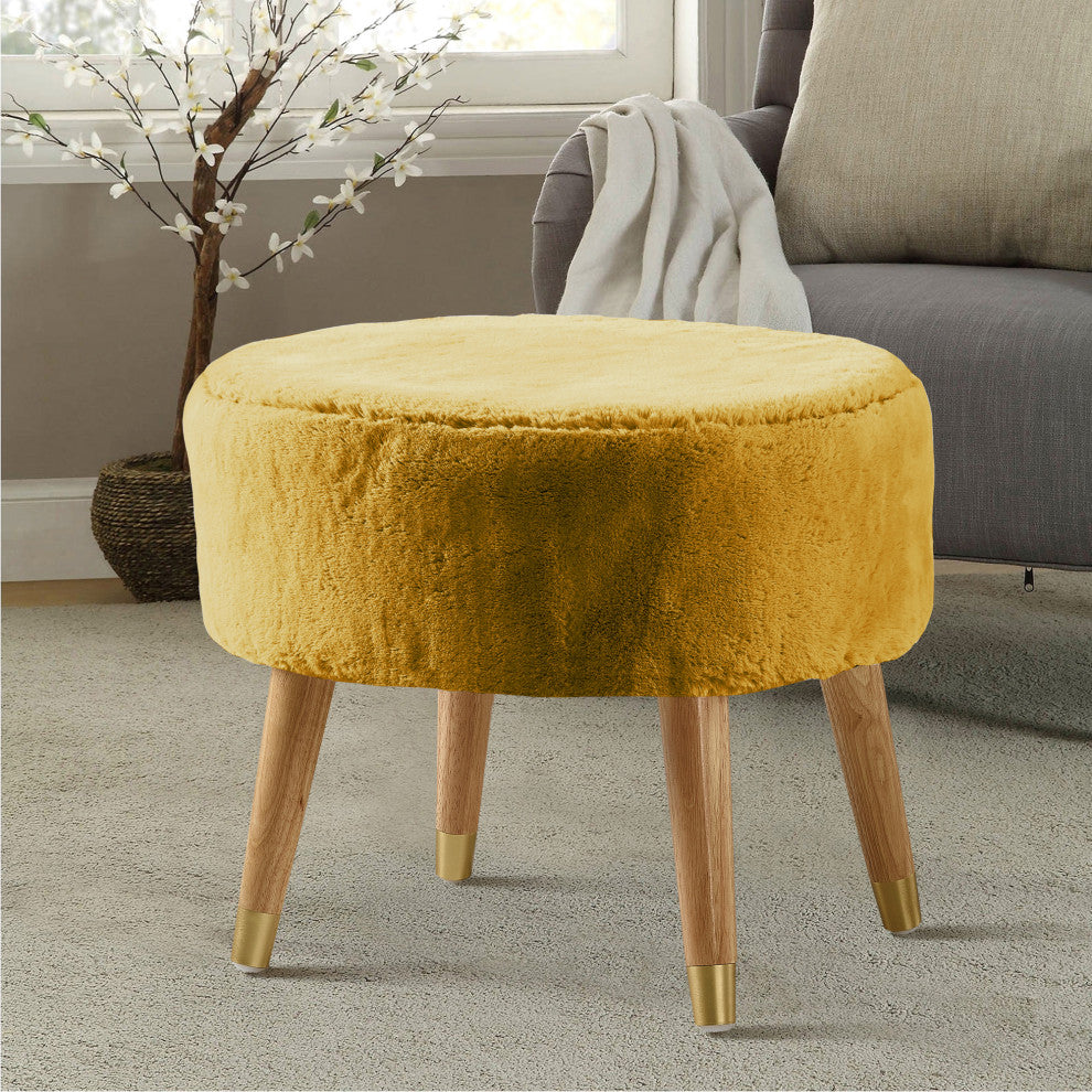 Solid Heavy Faux Fur Oval Ottoman, Lemon Curry