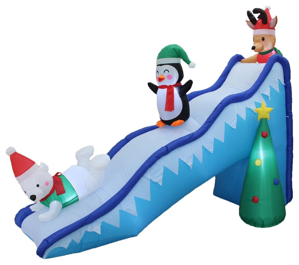 Inflatable Trio Polar Bear, Penguin and Reindeer Playing On Slide, 9'