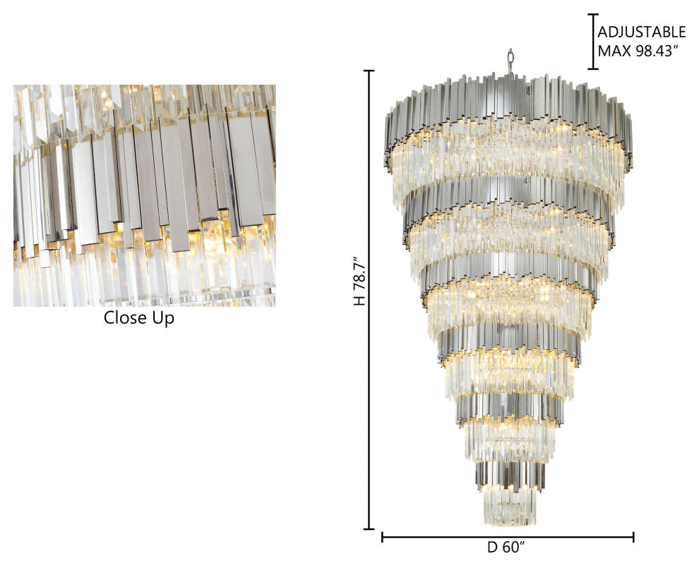 D60" 6-Tier Chrome Frame Chandelier With Clear Hanging Crystals