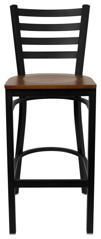 Black Ladder Back Metal Restaurant Barstool, Cherry Wood Seat