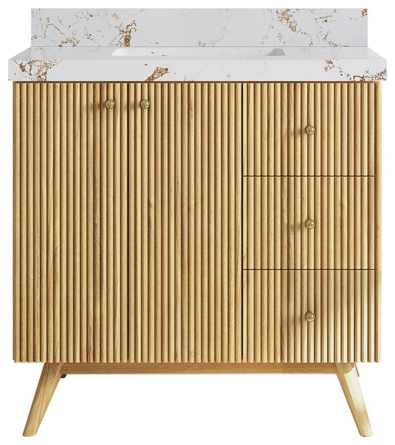 Pasadena 36 Center Sink Bath Vanity in Light Natural Teak 2" Viola Gold