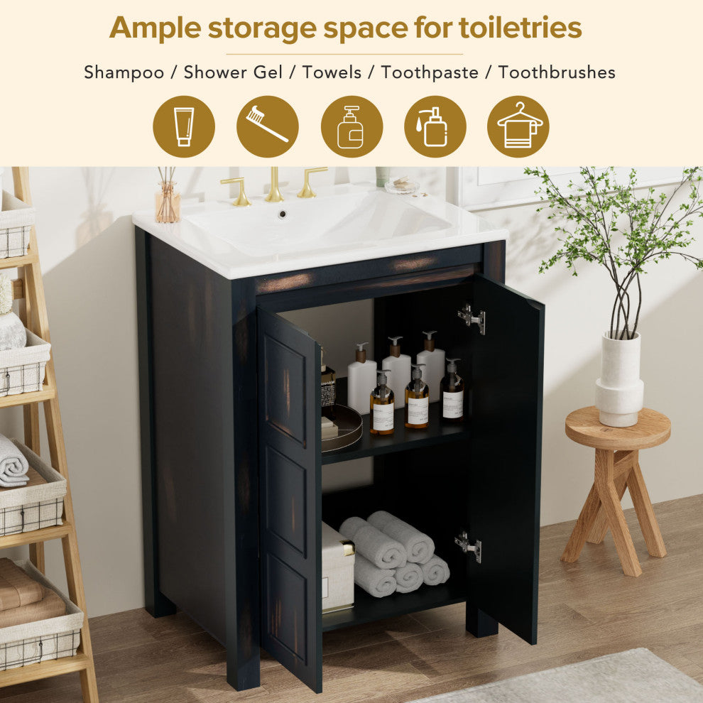 24 Inch Vintage Style Small Bathroom Vanity Combo with Ceramic Sink
