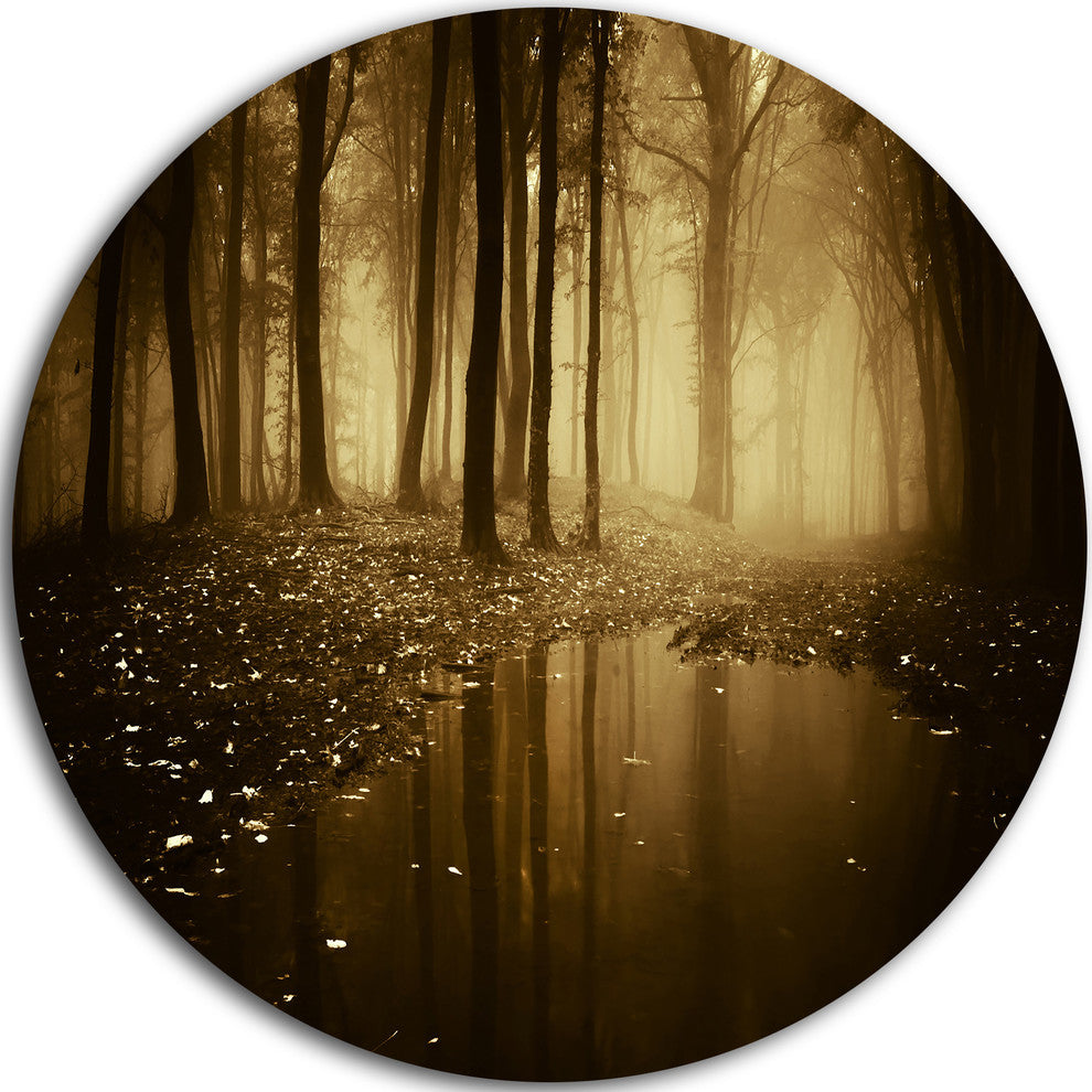Lake In Forest With Fall Fog, Landscape Photo Round Metal Wall Art, 38"