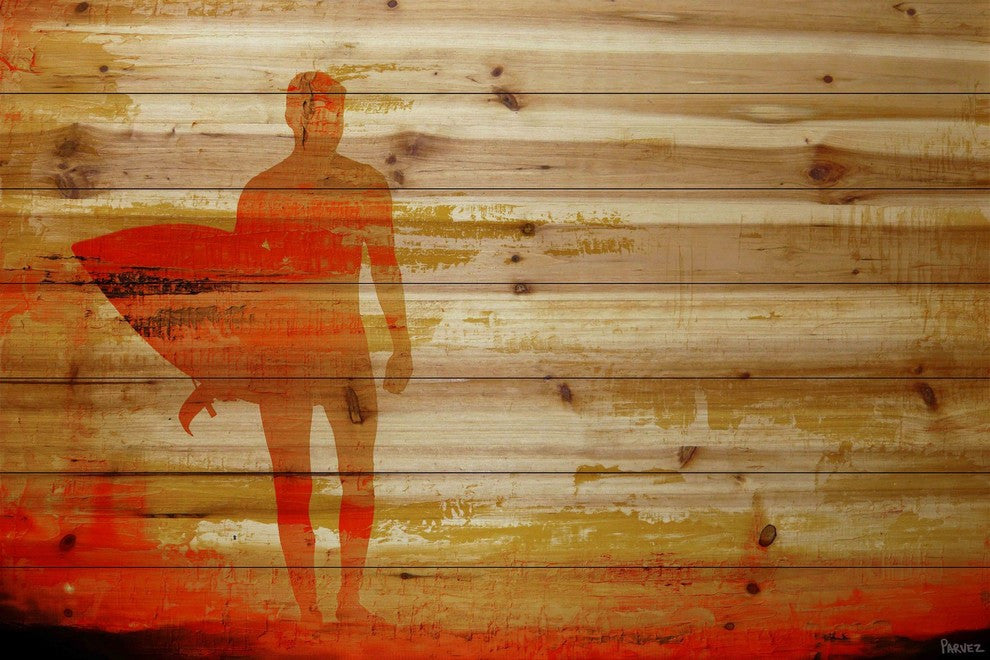 "Dusk Red Surf" Painting Print on Natural Pine Wood, 45"x30"