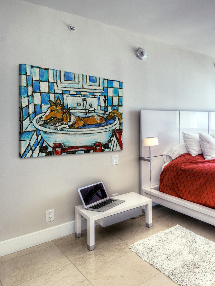 "Sheltie Bath" Painting Print on Wrapped Canvas, 18"x12"