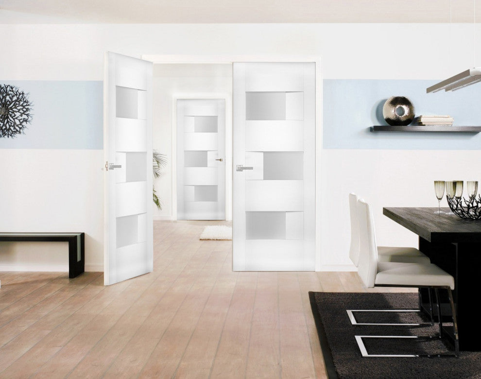 Interior French Double Doors Opaque Glass / Sete 6933 White Silk /36x84