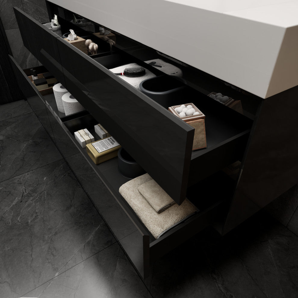 MAX 60" Double Floating Bath Vanity With Acrylic Sink, Gloss Black