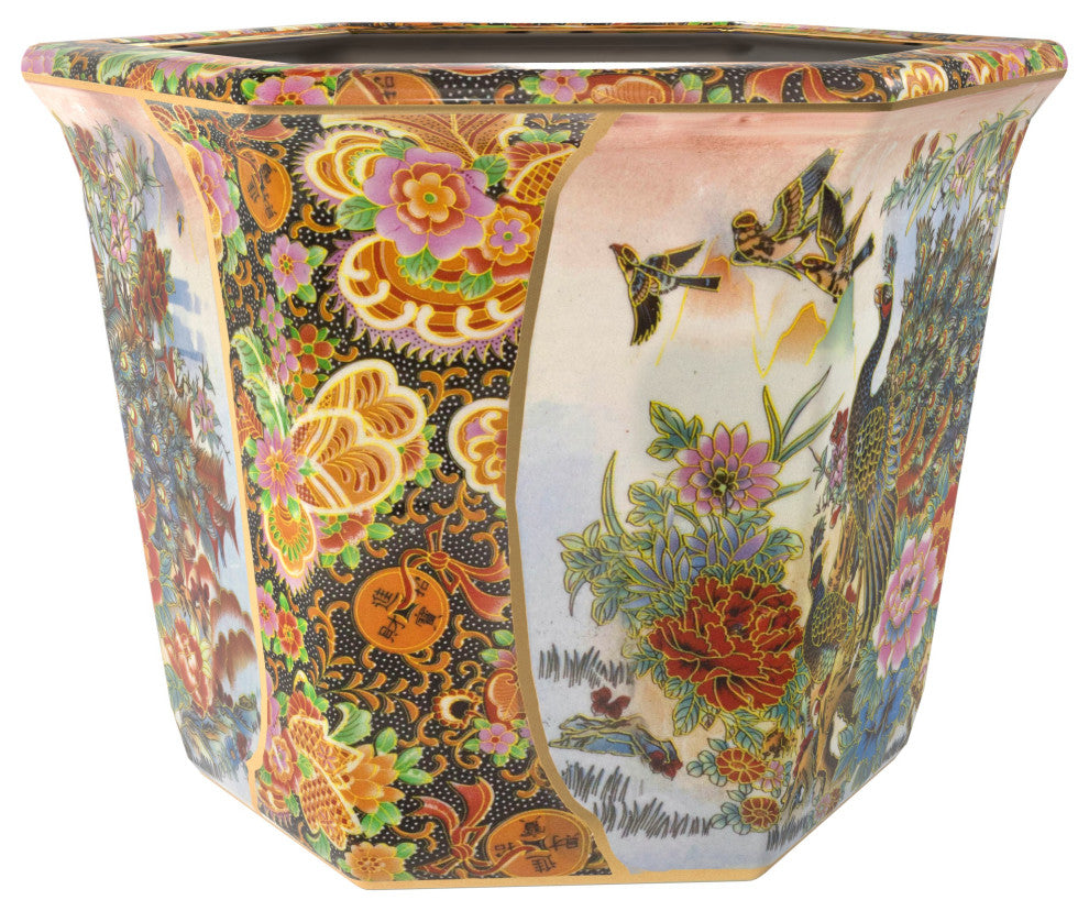 10" Satsuma Ladies and Peacock Porcelain Flower Pot