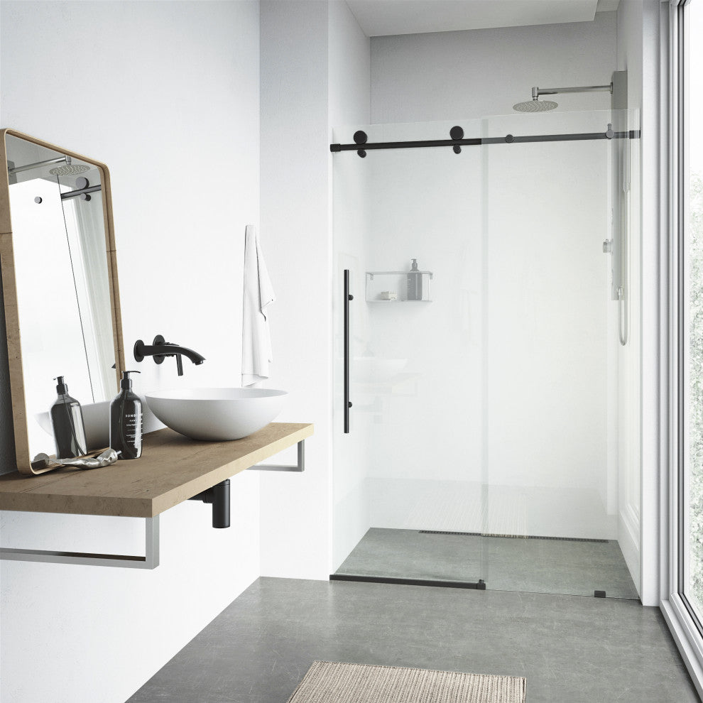 VIGO Elan E-Class 56" to 60" W x 76" H Frameless Sliding Shower Door, Matte Black, Clear Glass