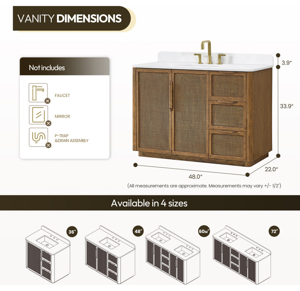 Busan Bath Vanity, Quartz Top No Mirror, Oak Classic Brown, 48", Single Vanity