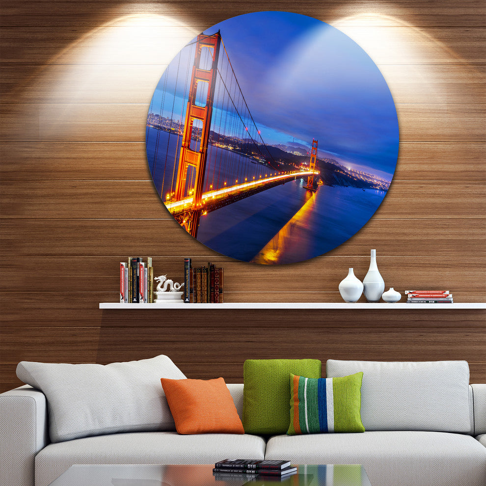 Golden Gate In Blue Background, Sea Bridge Disc Metal Wall Art, 11"
