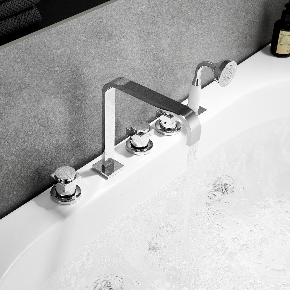 Vikran Triple Handle Deck-Mount Roman Tub Faucet Trim With Handshower, Polished Chome