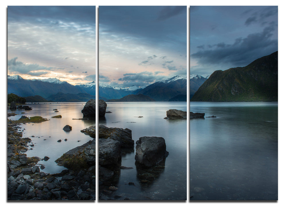 "Large Rocks and Distant Cloudy Mountains" Metal Wall Art, 3 Panels, 36"x28"