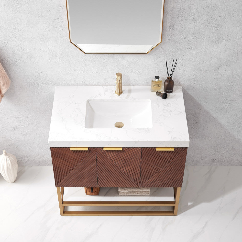 Mahon Bath Vanity, Stone Top, Brushed Gold Base, 36", Single Vanity, No Mirror