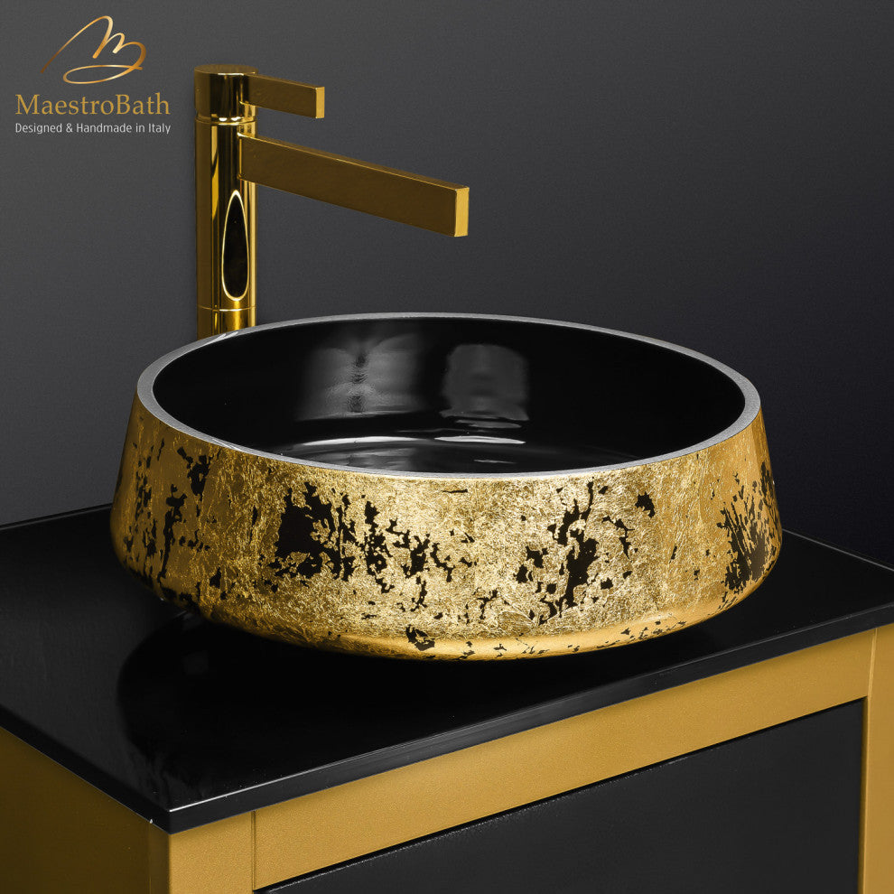 Exte Luxe Bathroom Vessel Sink, Black and Gold