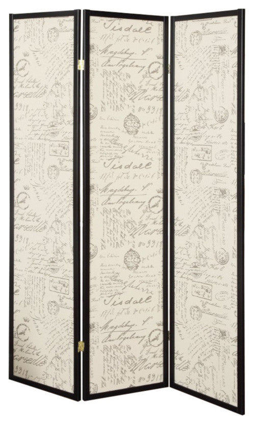 Benzara BM159223 3 Panel Folding Floor Screen with Postal Script Panels, Brown