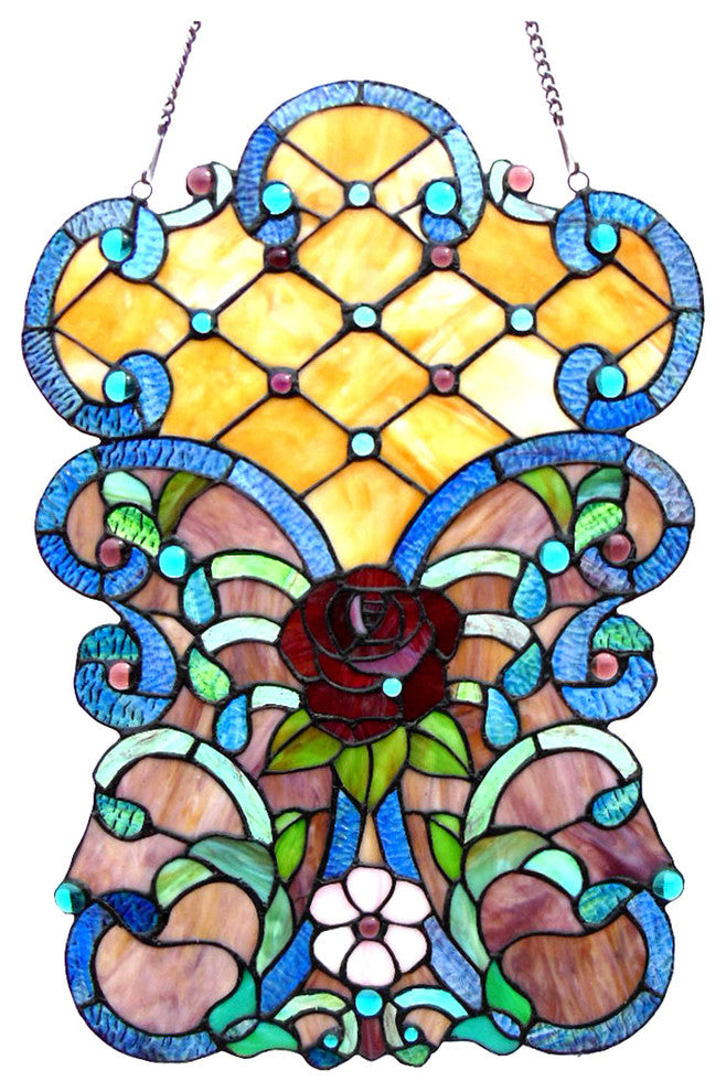ROZE Tiffany-glass Victorian Window Panel 24inches Height