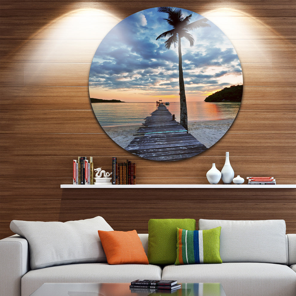 Wooden Pier And Palm Tree, Seashore Photo Round Wall Art, 38"