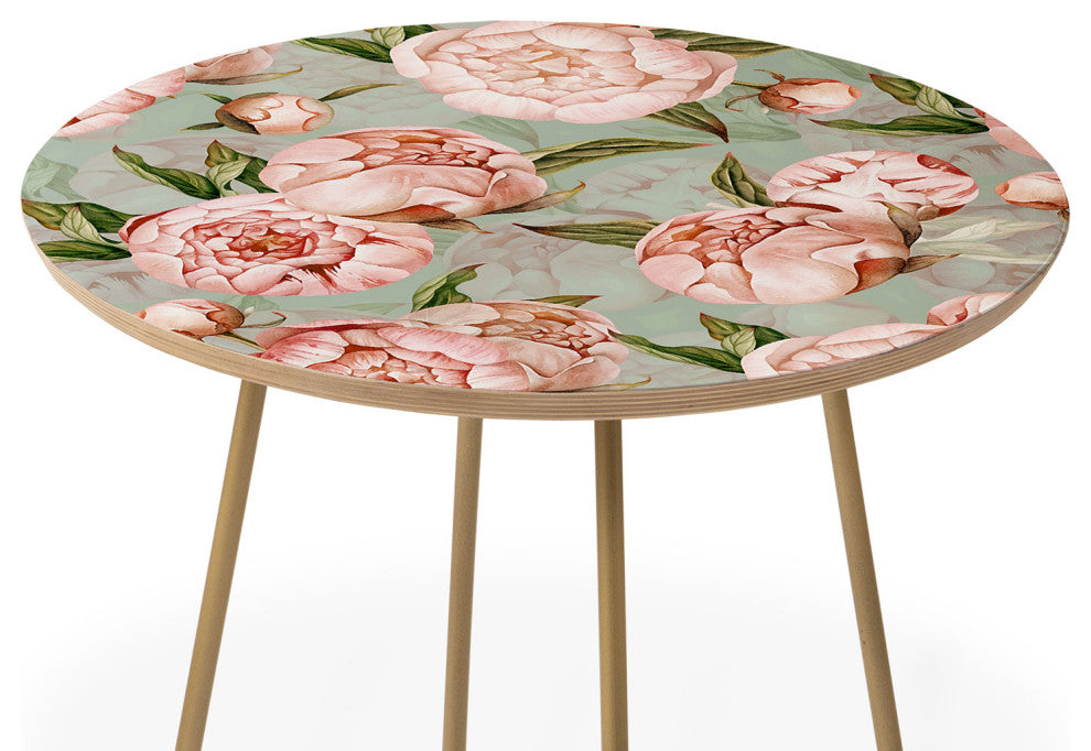 Deny Design UtArt Peach Peonies Watercolor on Teal Sepia Round Side Table